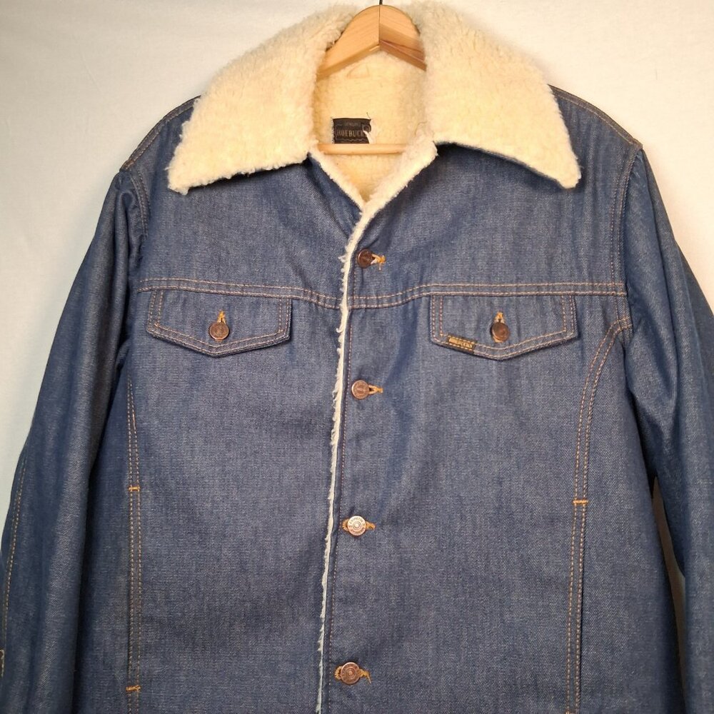 Vintage Sears Roebucks Denim Trucker Jean Jacket Men 46 R Sherpa Lined Blue - Picture 2 of 16